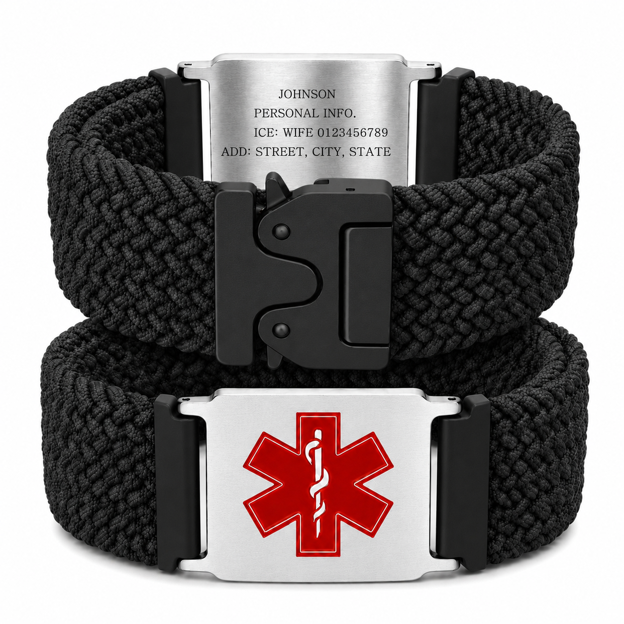 Uloveido Personalized Nylon Medical ID Bracelet with Laser-Engraved Medical Alert Tag and Dynamic QR Code, Braided Elastic Watch Band with Secure Parachute-Style Buckle, 20mm Adjustable for Men