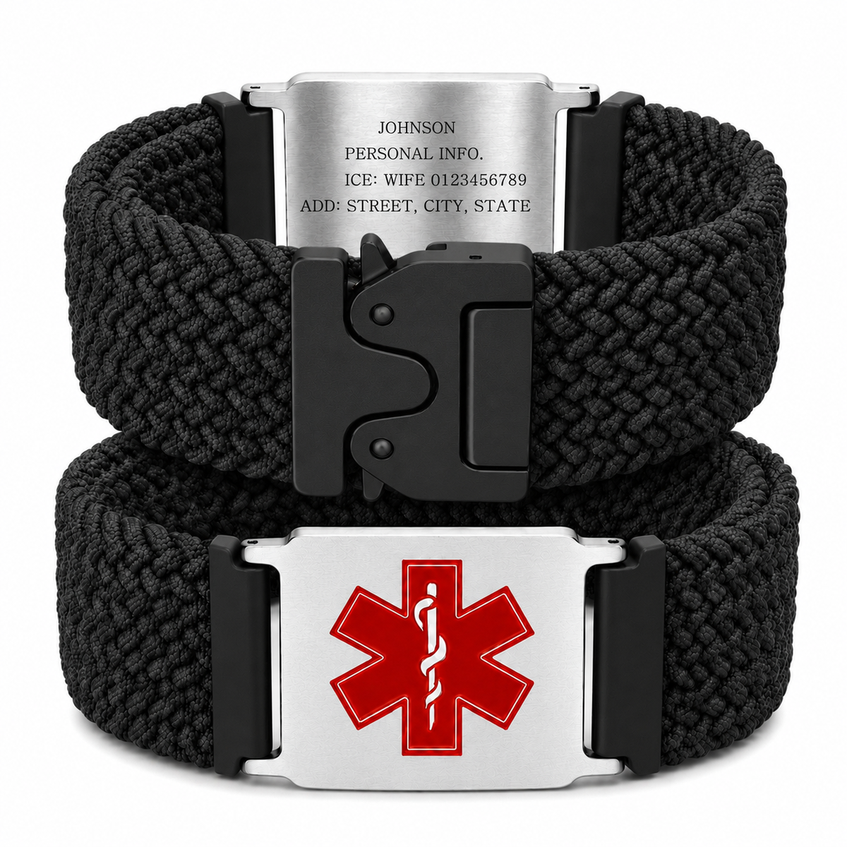 Uloveido Personalized Nylon Medical ID Bracelet with Laser-Engraved Medical Alert Tag and Dynamic QR Code, Braided Elastic Watch Band with Secure Parachute-Style Buckle, 20mm Adjustable for Men