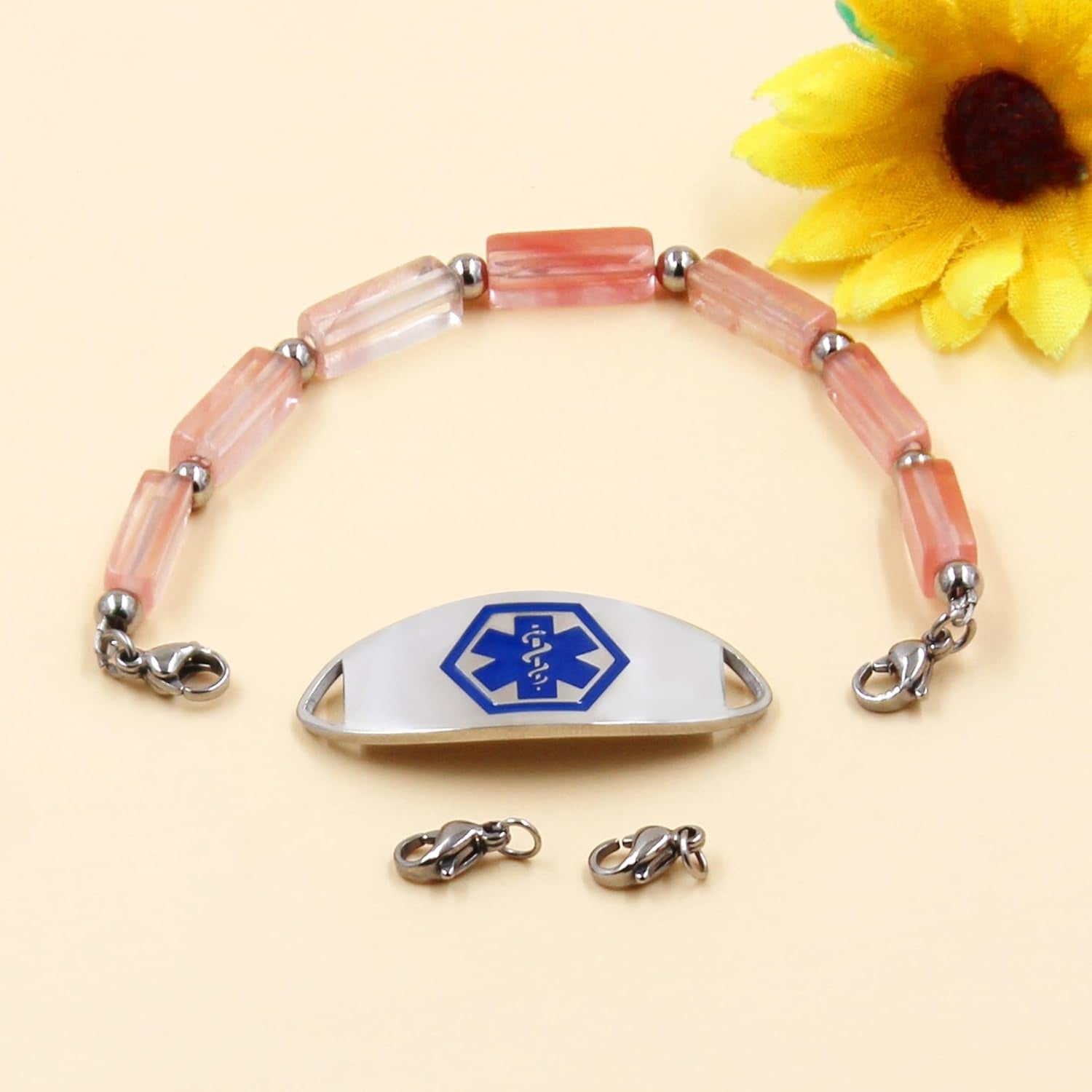 Dynamic QR Code Medical Alert Bracelet with Natural Stone Beads, Pink Stone Red Agate Black Agate White Turquoise, Stainless Steel Medical ID Bracelet, Double Lobster Clasp, No Engraving Required