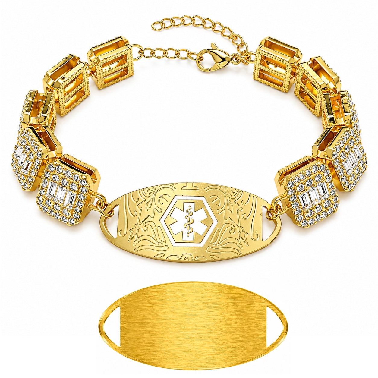 Rhinestone Medical ID Bracelet for Women, Luxury Square Link Chain Bracelet with Stainless Steel ID Plate, Custom Engraving or QR Code Emergency Information Jewelry, Adjustable Safety Bracelet