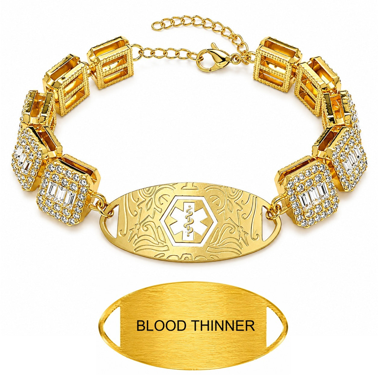Rhinestone Medical ID Bracelet for Women, Luxury Square Link Chain Bracelet with Stainless Steel ID Plate, Custom Engraving or QR Code Emergency Information Jewelry, Adjustable Safety Bracelet