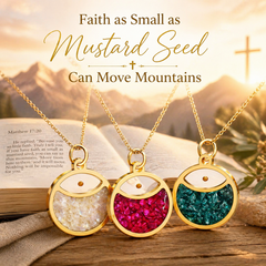 Faith Mustard Seed Stainless Steel Pendant Necklace for Women, Golden Tone Round Charm Necklace with Red, White, Green Stone Sand, Inspirational Jewelry Gift,