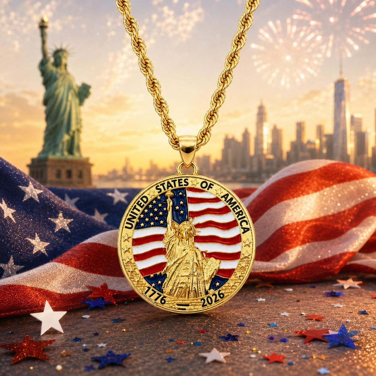 USA 250th Anniversary Necklace for Men Women, 1776 2026 Commemorative Pendant, 18K Golden Plated Brass Statue of Liberty American Flag Necklace with Stainless Steel Chain, Patriotic Jewelry Gift