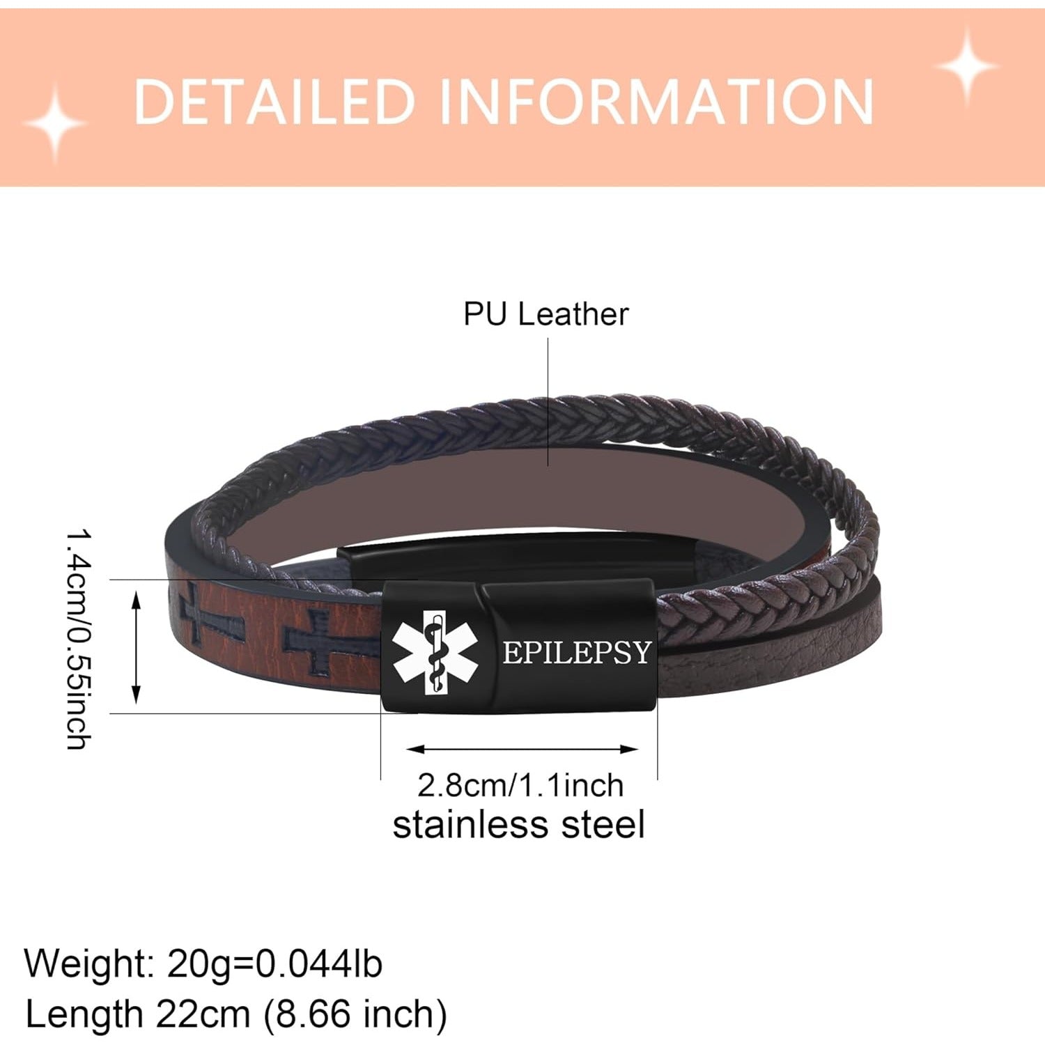 Dynamic QR Code Medical Alert Bracelet for Men Scan to Update Medical Info No Medical Info Needed at Checkout Braided PU Leather Cross Emergency ID Bracelet Waterproof Lightweight for Outdoor Sports Daily Wear