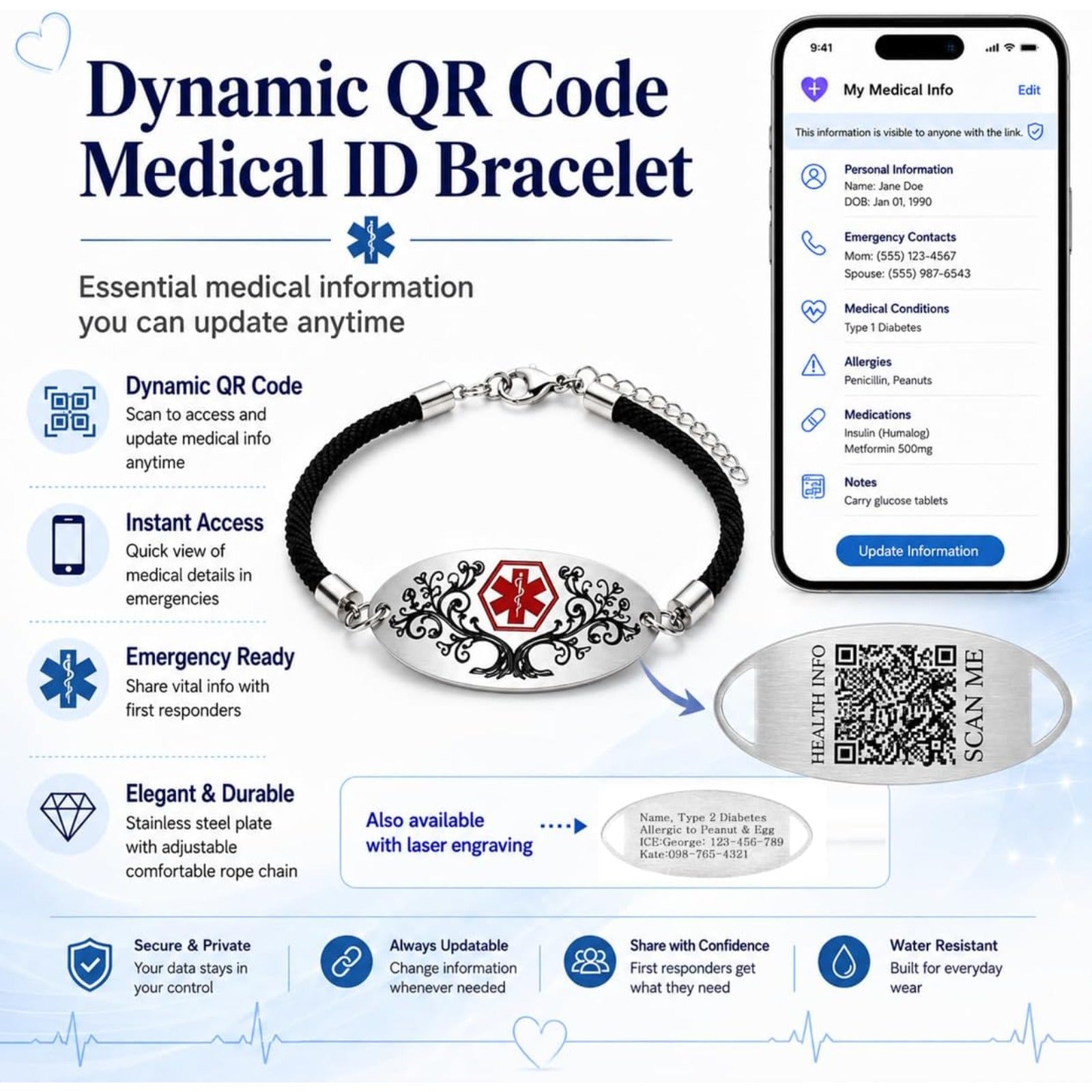 Personalized Medical Alert Bracelet | Dynamic QR Code or Custom Engraving Medical ID Jewelry | Adjustable Stainless Steel Bracelet for Women Men, Emergency Contact Information
