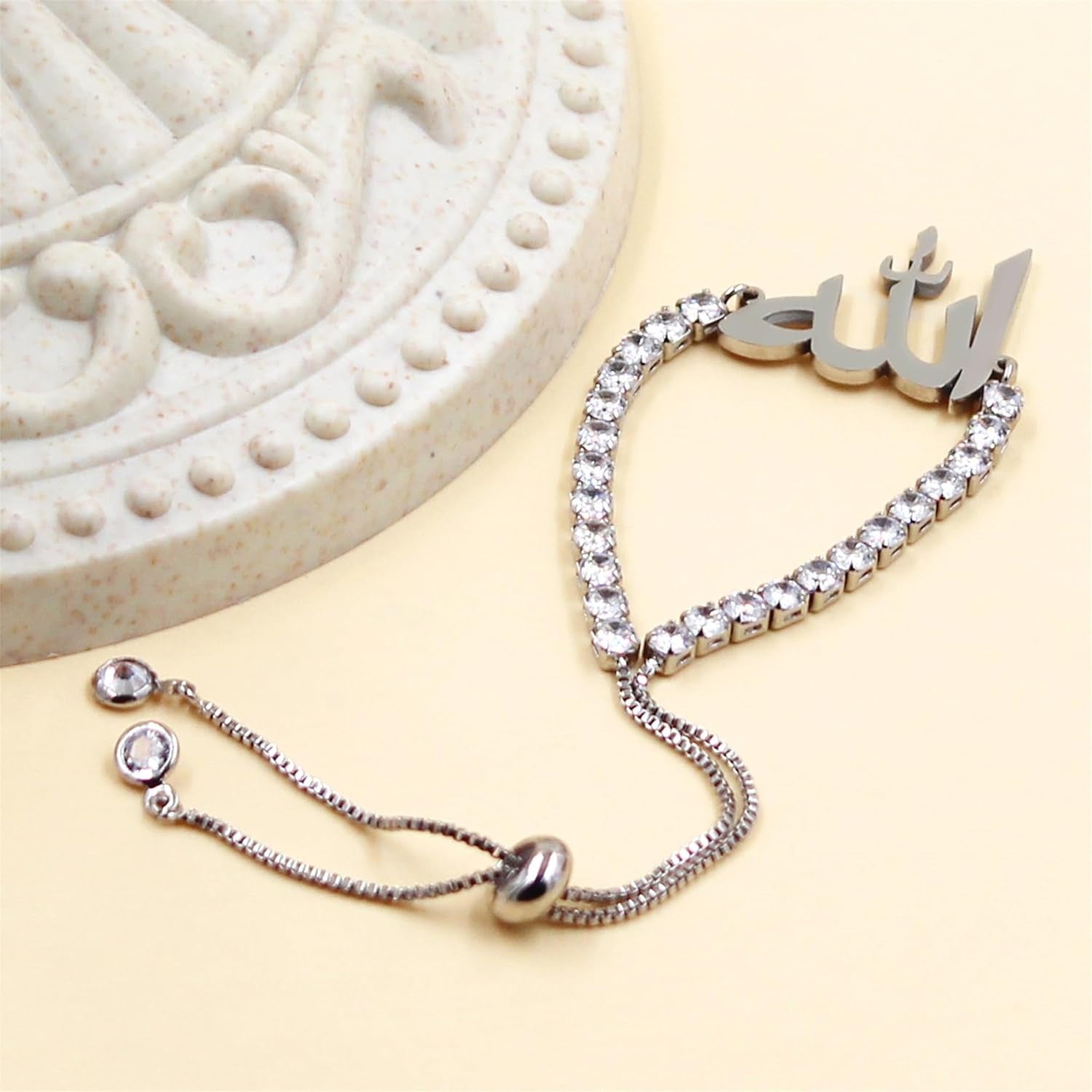 Arabic Allah Script Cubic Zirconia Tennis Bracelet for Women Stainless Steel Adjustable Islamic Faith Jewelry Sparkling Muslim Bracelet Elegant Religious Gift for Mom Wife Sister Daughter Ramadan Eid