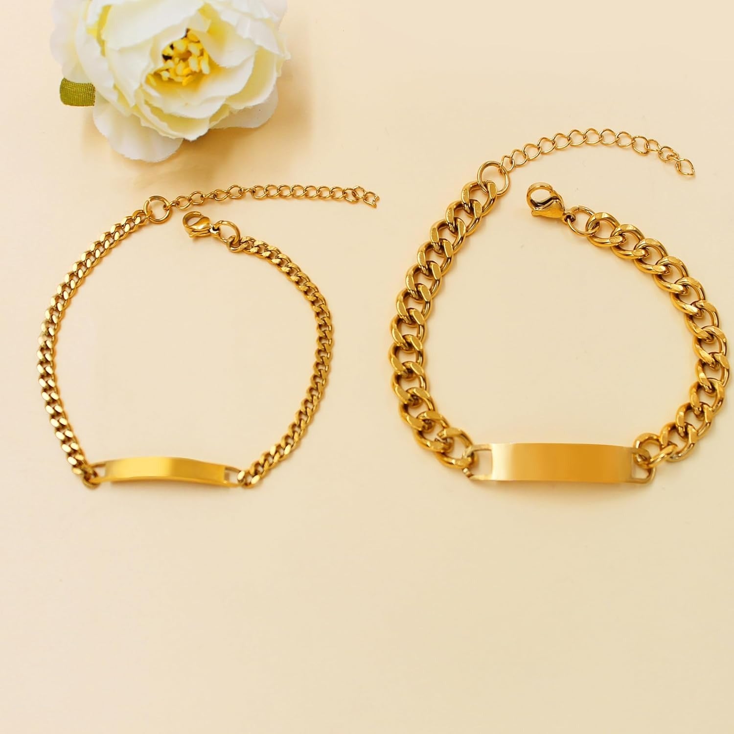 Uloveido 2PCS Personalized Couple Chain Bracelets, Custom Engraved Stainless Steel His and Hers Matching Bracelets for Men Women, Adjustable Jewelry Gift with Rose Box YA5889