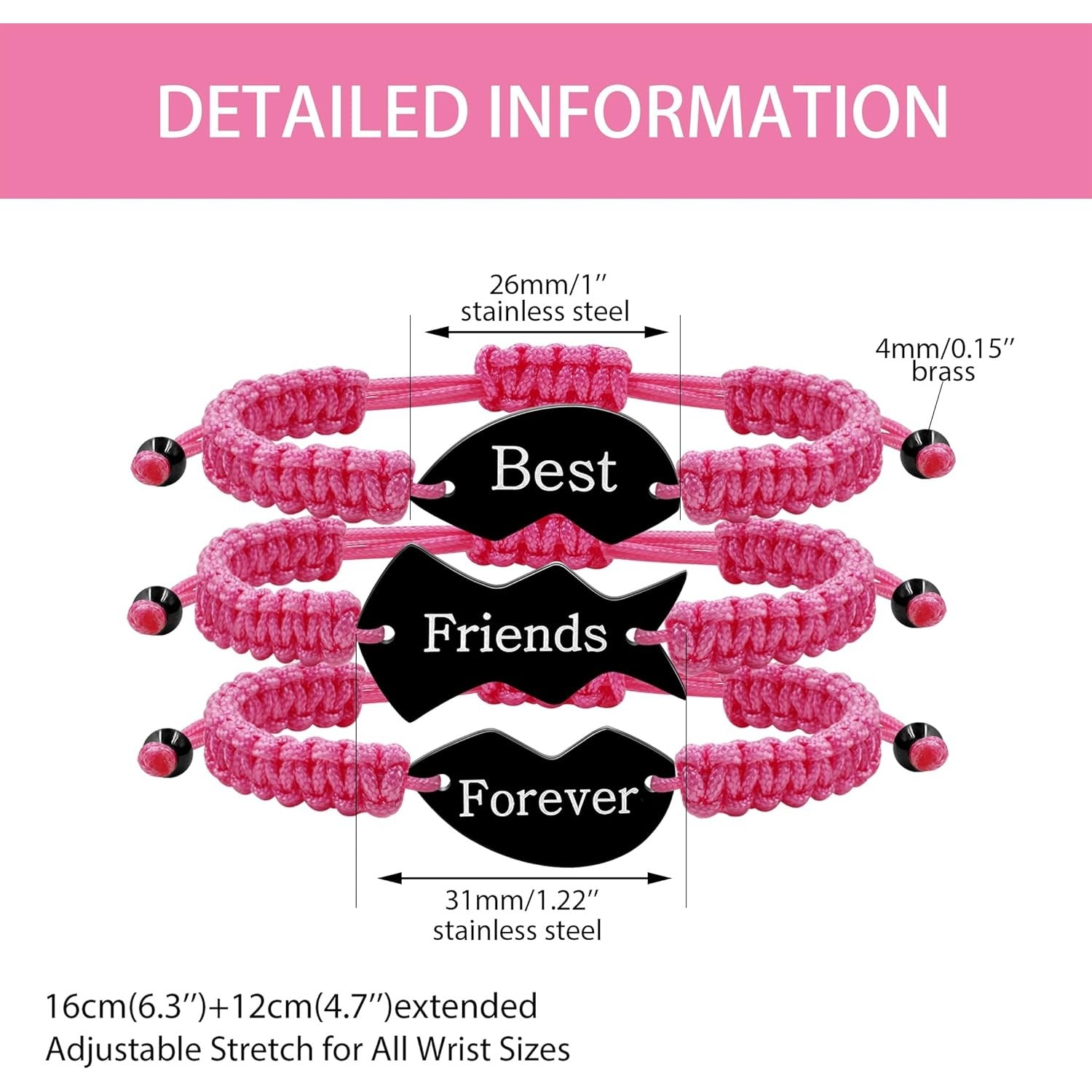 3pcs Personalized Friendship Bracelets Set | Stainless Steel Heart Puzzle Charm Handwoven Adjustable Drawstring Bracelets | Laser Engraved Best Friends Forever Jewelry Gift