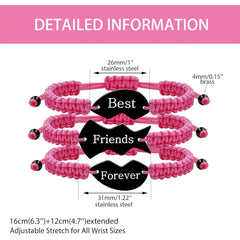 3pcs Personalized Friendship Bracelets Set | Stainless Steel Heart Puzzle Charm Handwoven Adjustable Drawstring Bracelets | Laser Engraved Best Friends Forever Jewelry Gift