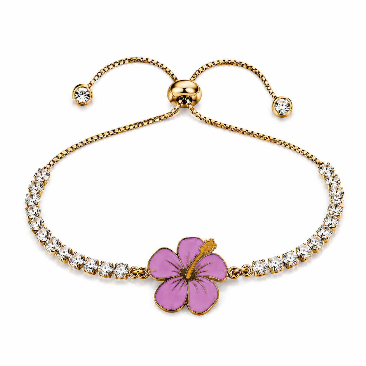 Hibiscus Flower Tennis Bracelet for Women | Gold Plated Stainless Steel Cubic Zirconia Adjustable Slide Clasp Bracelet | Red & Purple Enamel Floral Jewelry Gift