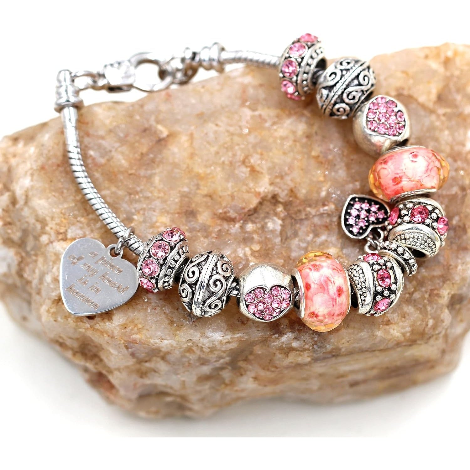 Personalized Pink Charm Bracelet for Women | Laser Engraved Heart Pendant Beaded Bracelet | Custom Name European Style Jewelry Gift for Her