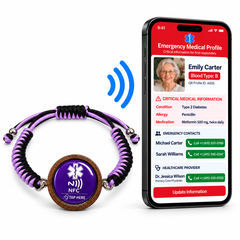 NFC Medical Alert Bracelet, Editable Medical ID, Adjustable Braided Wristband, Wooden Medical Bracelet for Women and Men