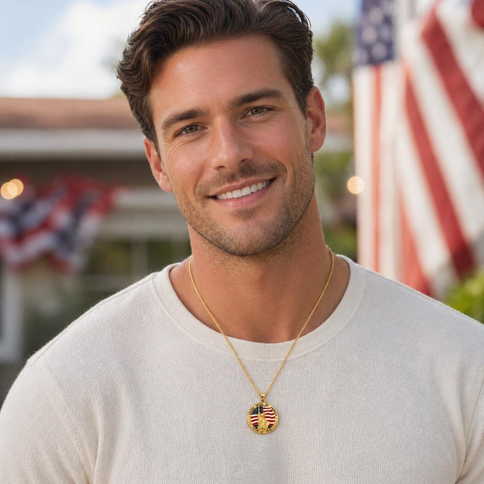 USA 250th Anniversary Necklace for Men Women, 1776 2026 Commemorative Pendant, 18K Golden Plated Brass Statue of Liberty American Flag Necklace with Stainless Steel Chain, Patriotic Jewelry Gift