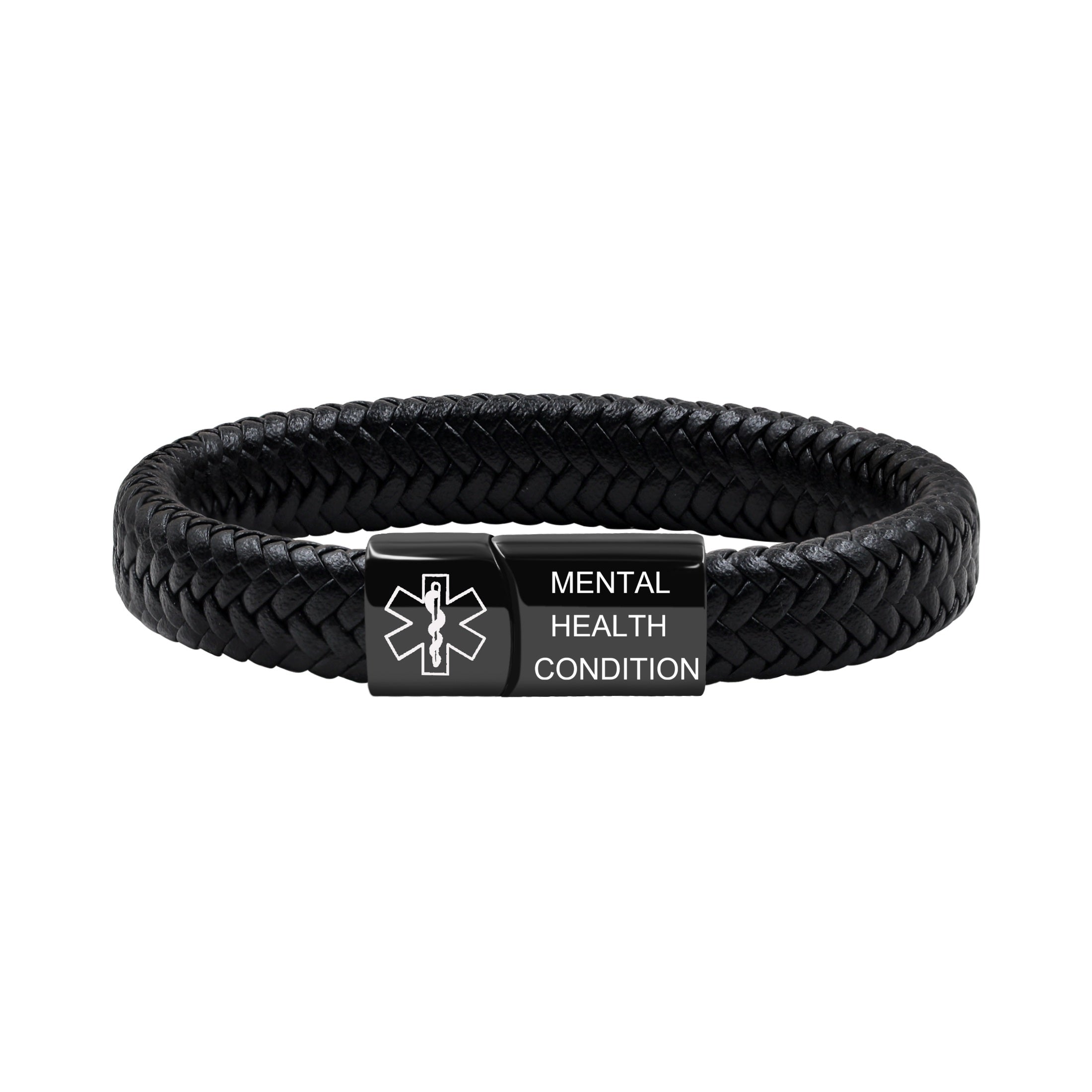 Medical Alert Cuff Bracelet for Men and Women, Black Stainless Steel Clasp Emergency ID Wristband, PU Leather Health Information Band YA5551