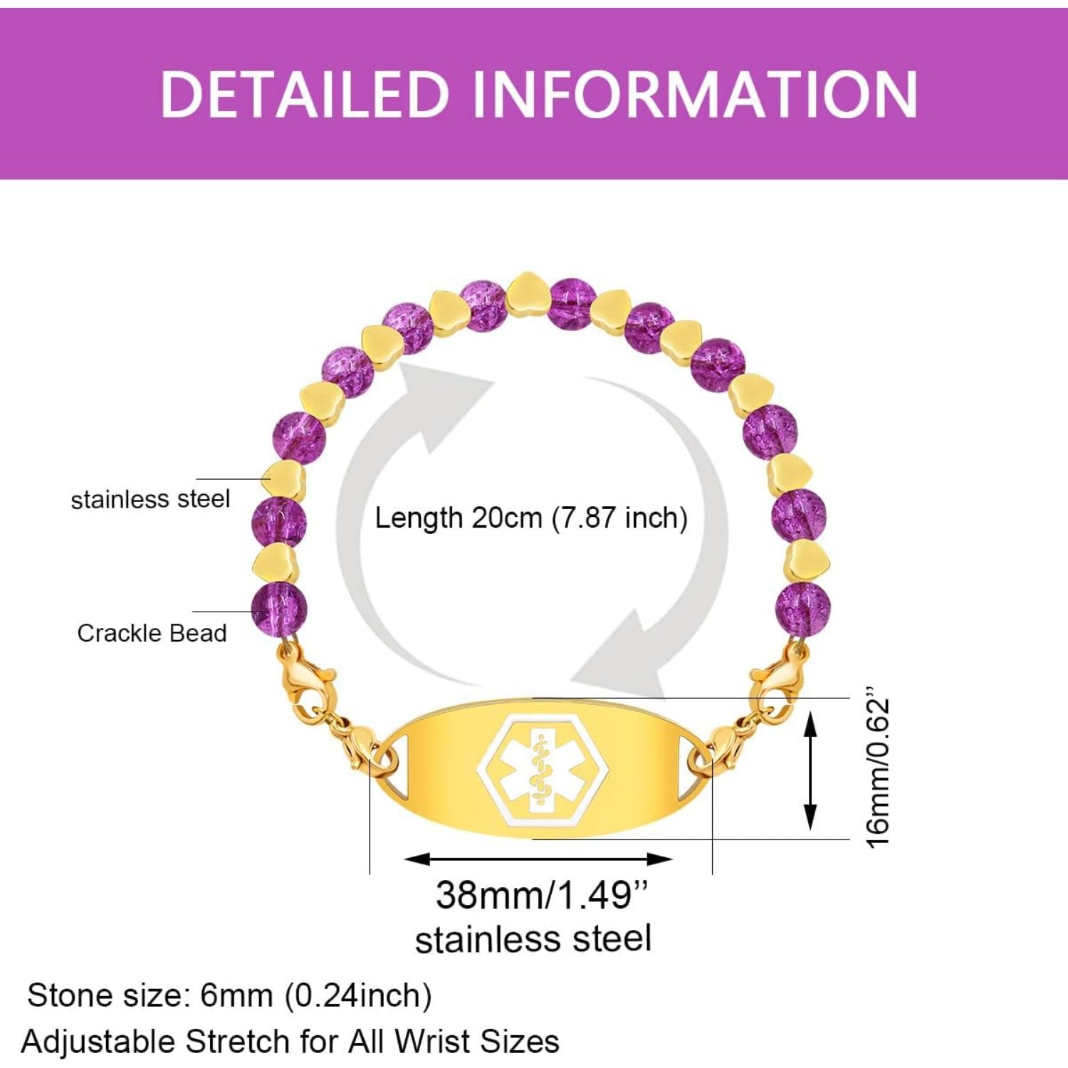Stainless Steel Medical Alert Bracelet for Women 18K Gold Plated Tarnish Resistant | Laser Engraved or Dynamic QR Code ID Bracelet | Green Pink Purple Crack Bead Heart Adjustable Jewelry