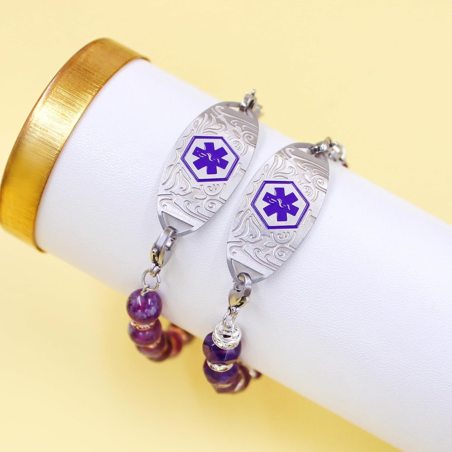 Dynamic QR Code Medical Alert Bracelet for Women, Faceted Purple Crystal Beads Medical ID Bracelet, Scan to Edit Health Info, Stainless Steel Interchangeable Medical Tag