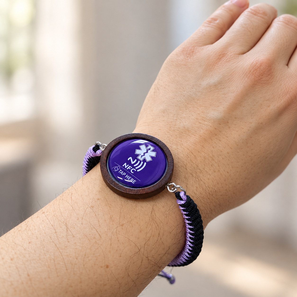 NFC Medical Alert Bracelet, Editable Medical ID, Adjustable Braided Wristband, Wooden Medical Bracelet for Women and Men