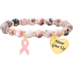 Pink Zebra Jasper Breast Cancer Awareness Bracelet – Never Give Up Heart Charm & Pink Ribbon, Stretch Beaded Natural Stone Bracelet for Women, Inspirational Cancer Support Jewelry Gift