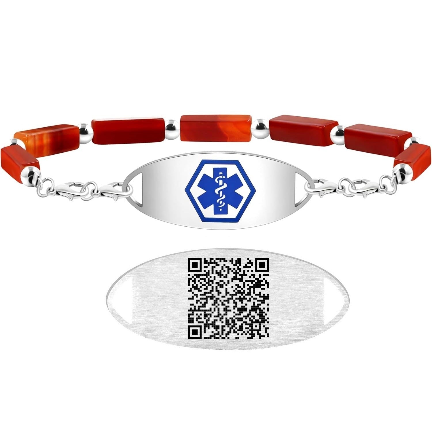 Dynamic QR Code Medical Alert Bracelet with Natural Stone Beads, Pink Stone Red Agate Black Agate White Turquoise, Stainless Steel Medical ID Bracelet, Double Lobster Clasp, No Engraving Required