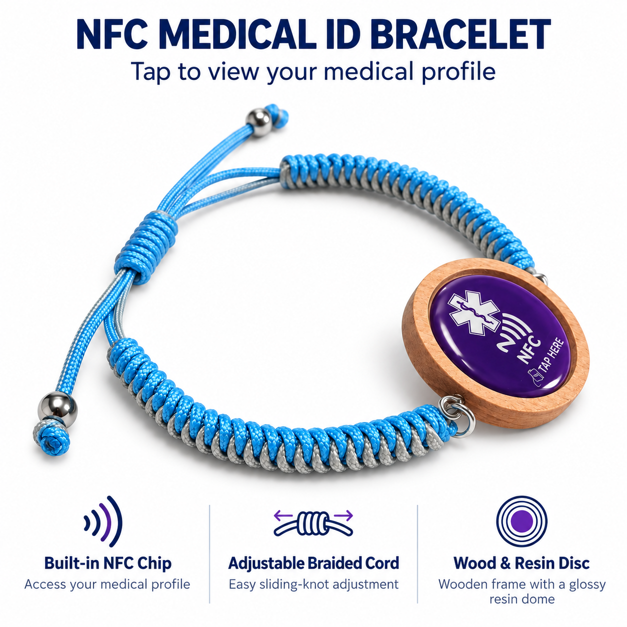 NFC Medical Alert Bracelet, Editable Medical ID, Adjustable Braided Wristband, Wooden Medical Bracelet for Women and Men