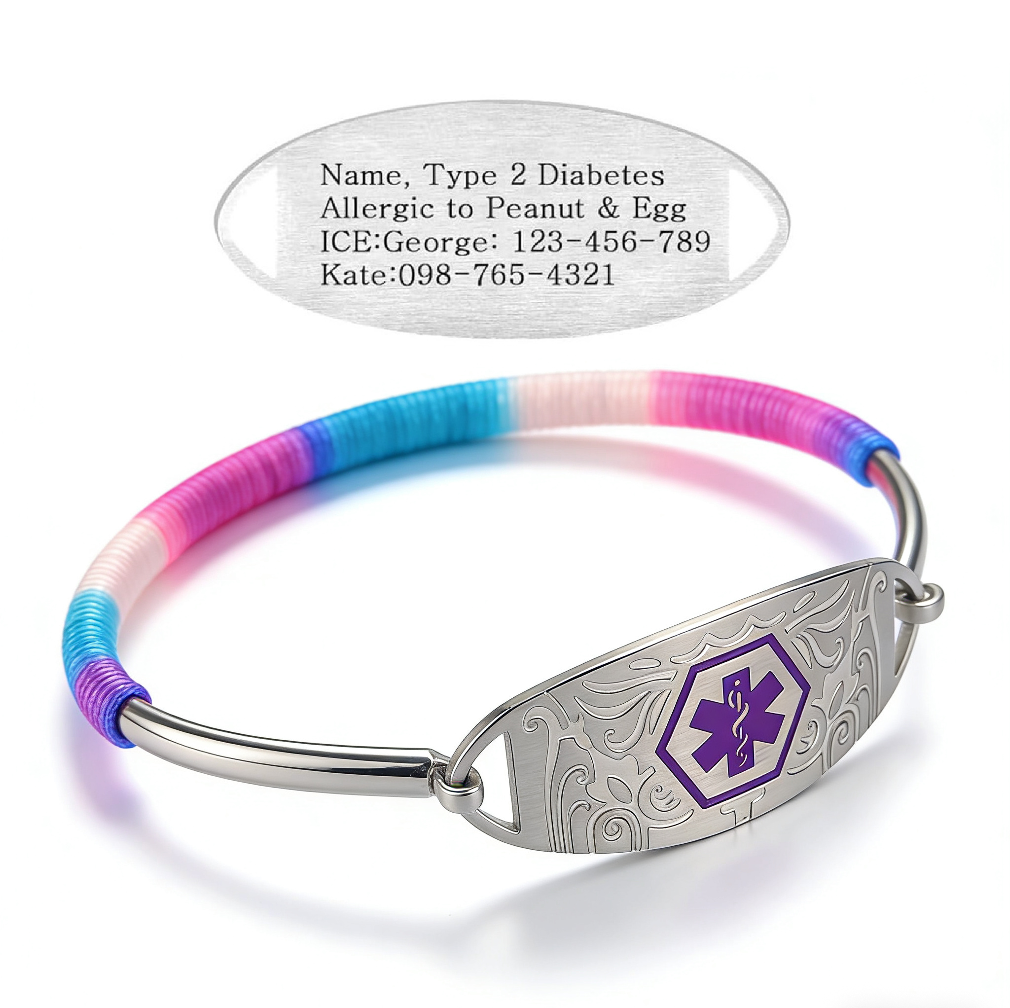 Stainless Steel Medical Alert Bracelet with Purple Symbol, Adjustable Rope Wrapped ID Bracelet, Laser Engraved or Dynamic QR Code, Allergy Emergency Contact Health Information Wristband for Women Men