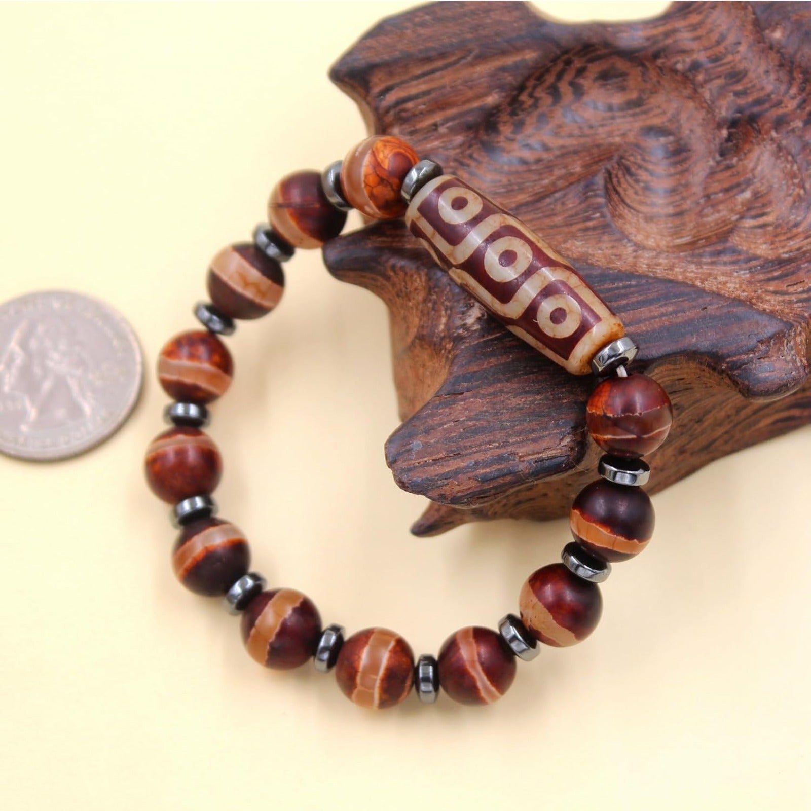 Dzi Bead Tibetan Bracelet for Men Women | Nine Eye Dzi Agate Beaded Bracelet with Hematite Spacers | Feng Shui Buddhist Meditation Amulet Adjustable Style Jewelry Brown Green Black YA5102