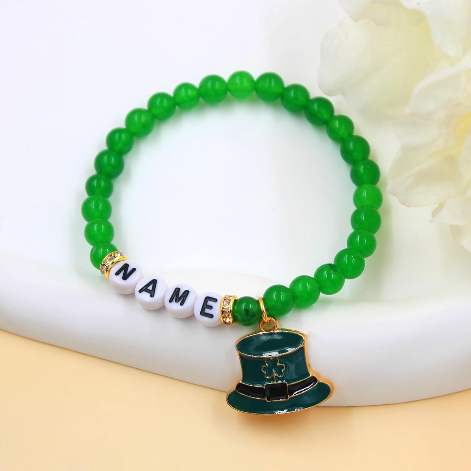St Patricks Day Green Beaded Bracelet for Women Girls, LUCKY IRISH BLESS Letter Options, Stretch Shamrock Leprechaun Hat Charm Bracelet, Irish Lucky Jewelry Gift