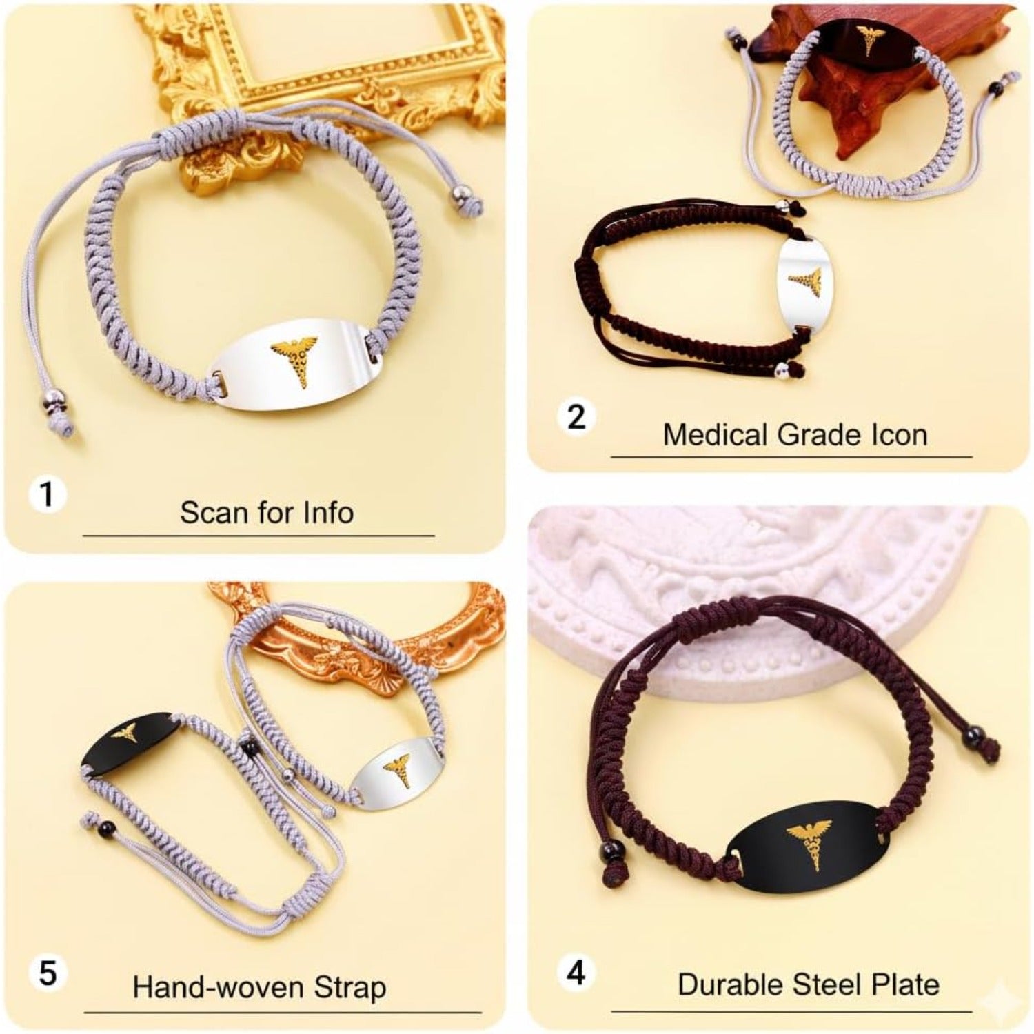 Adjustable Gray Braided Medical Alert Bracelet for Men Women, Dynamic QR Code or Custom Engraved ID Plate, Silver or Black Stainless Steel Emergency Contact Bracelet with Golden Medical Symbol