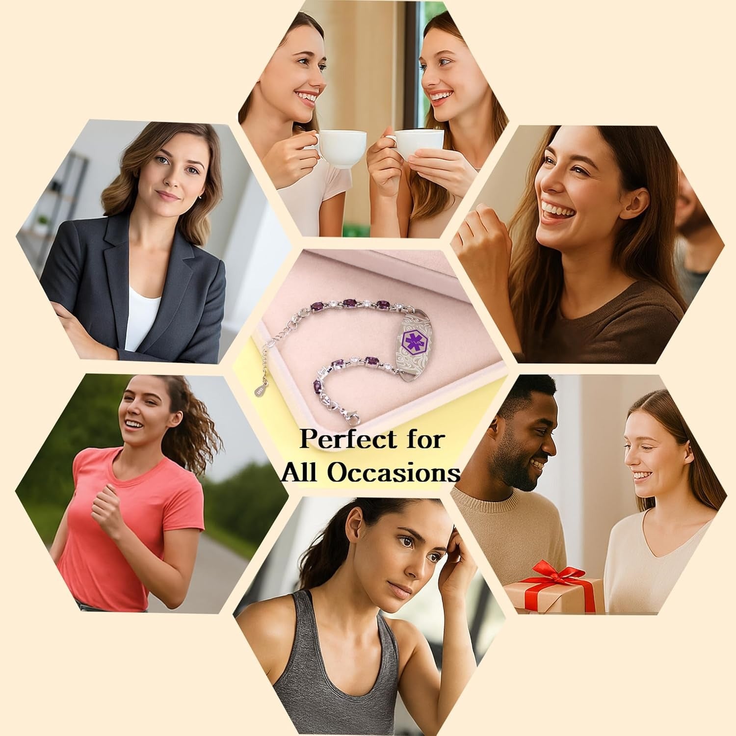 Purple Zirconia Medical Alert Bracelet for Women, Stainless Steel Medical ID Bracelet with Laser Engraved Custom Text, Lightweight Emergency Jewelry for Daily Sports Travel Wear