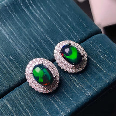 Uloveido 5*7mm Oval Cut Black Fire Opal Stud Earrings for Women, 925 Sterling Silver Platinum Plated Gemstone Earring Wedding Jewelry