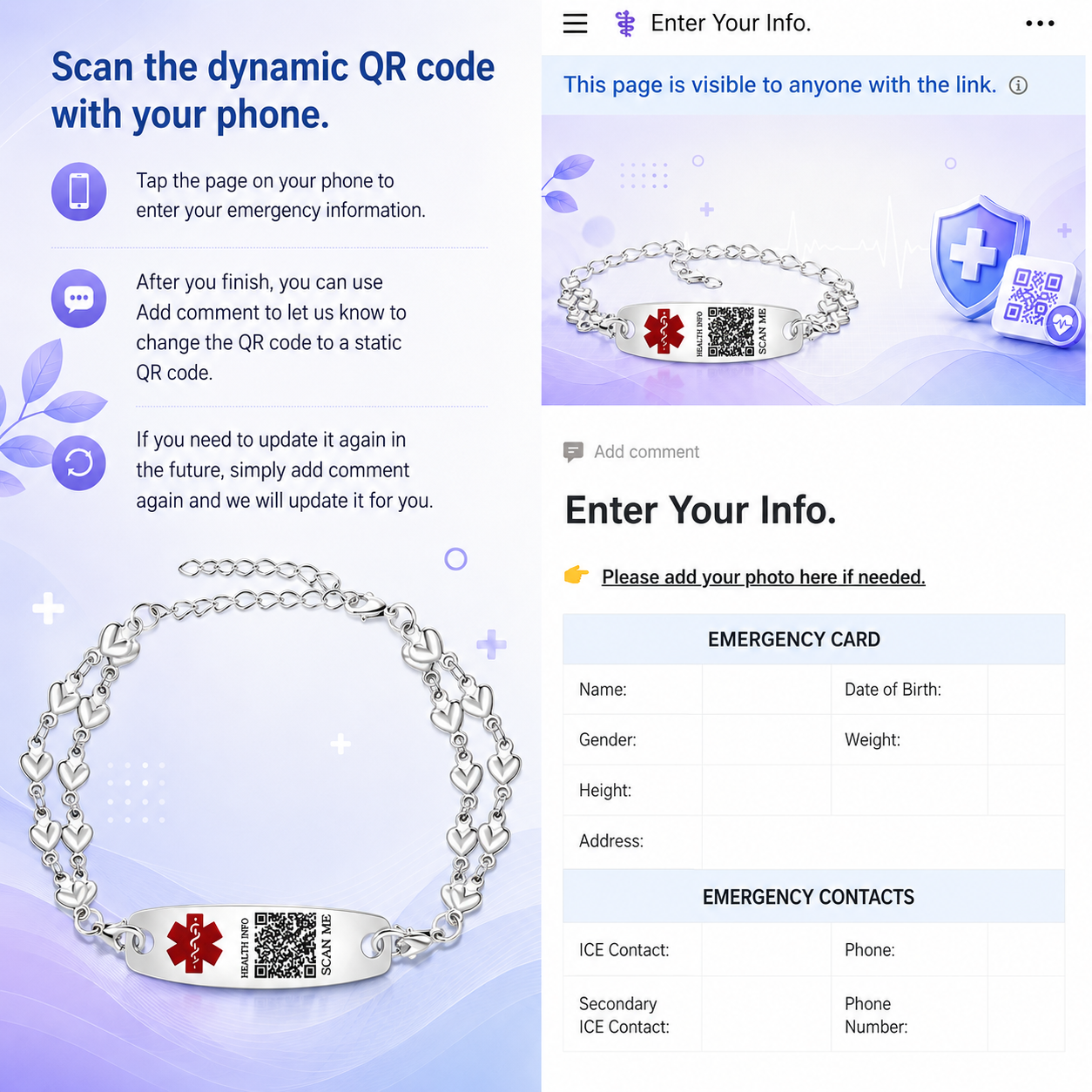 Uloveido Heart Medical ID Bracelet for Women, Double Chain Stainless Steel Emergency Info Wristband, Dynamic QR Code or Personalized Engraving, Adjustable Safety Jewelry for Daily Wear