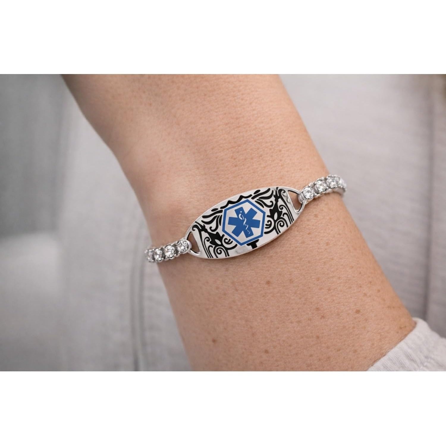 Uloveido Rhinestone Tennis Medical ID Bracelet for Women | Dynamic QR Code Safety Bracelet, Stainless Steel Adjustable Chain, Emergency Contact Allergy Info ID Jewelry, Scan to Update Anytime