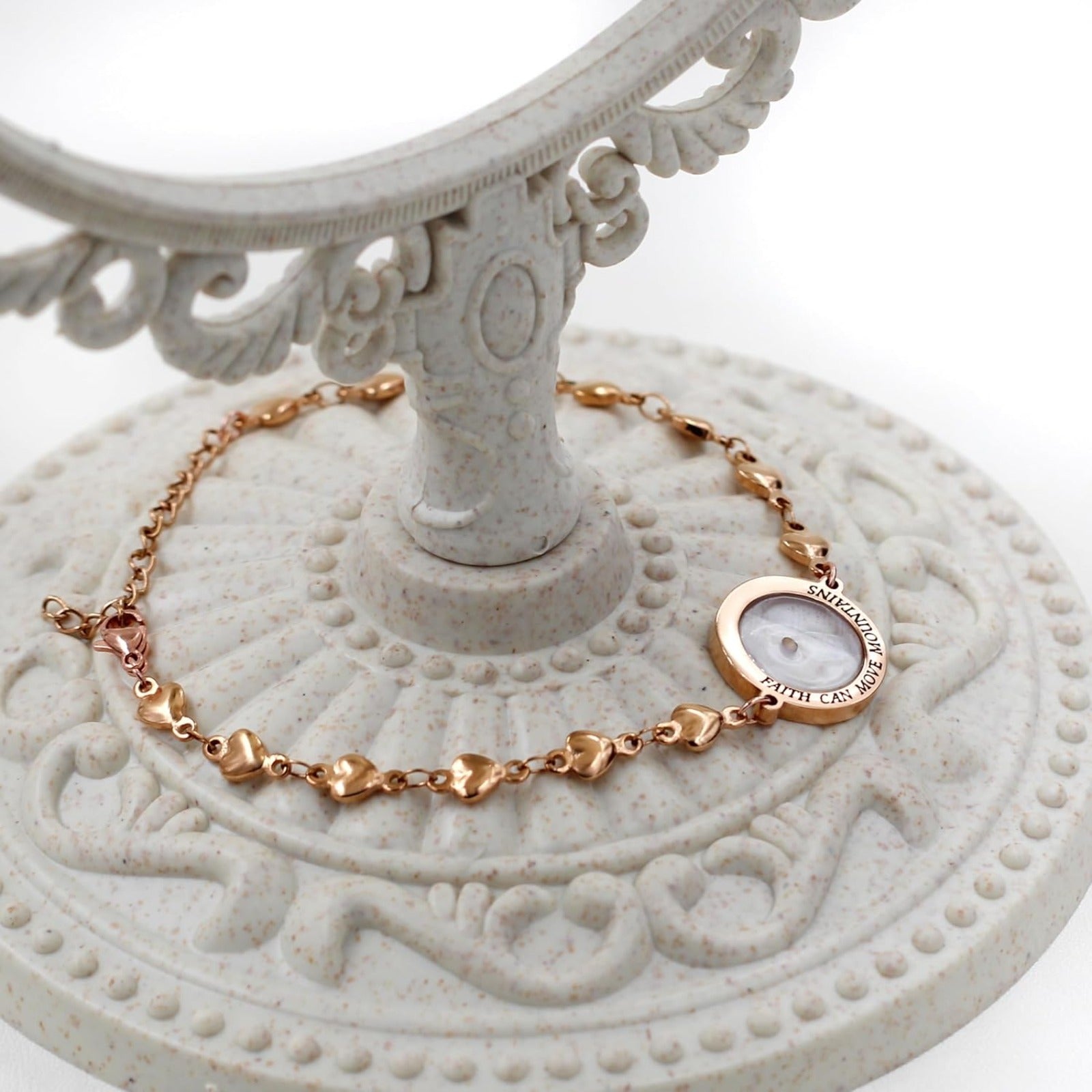 Rose Gold Stainless Steel Faith Can Move Mountains Bracelet with Heart Link Chain, Mustard Seed Charm Inspirational Jewelry