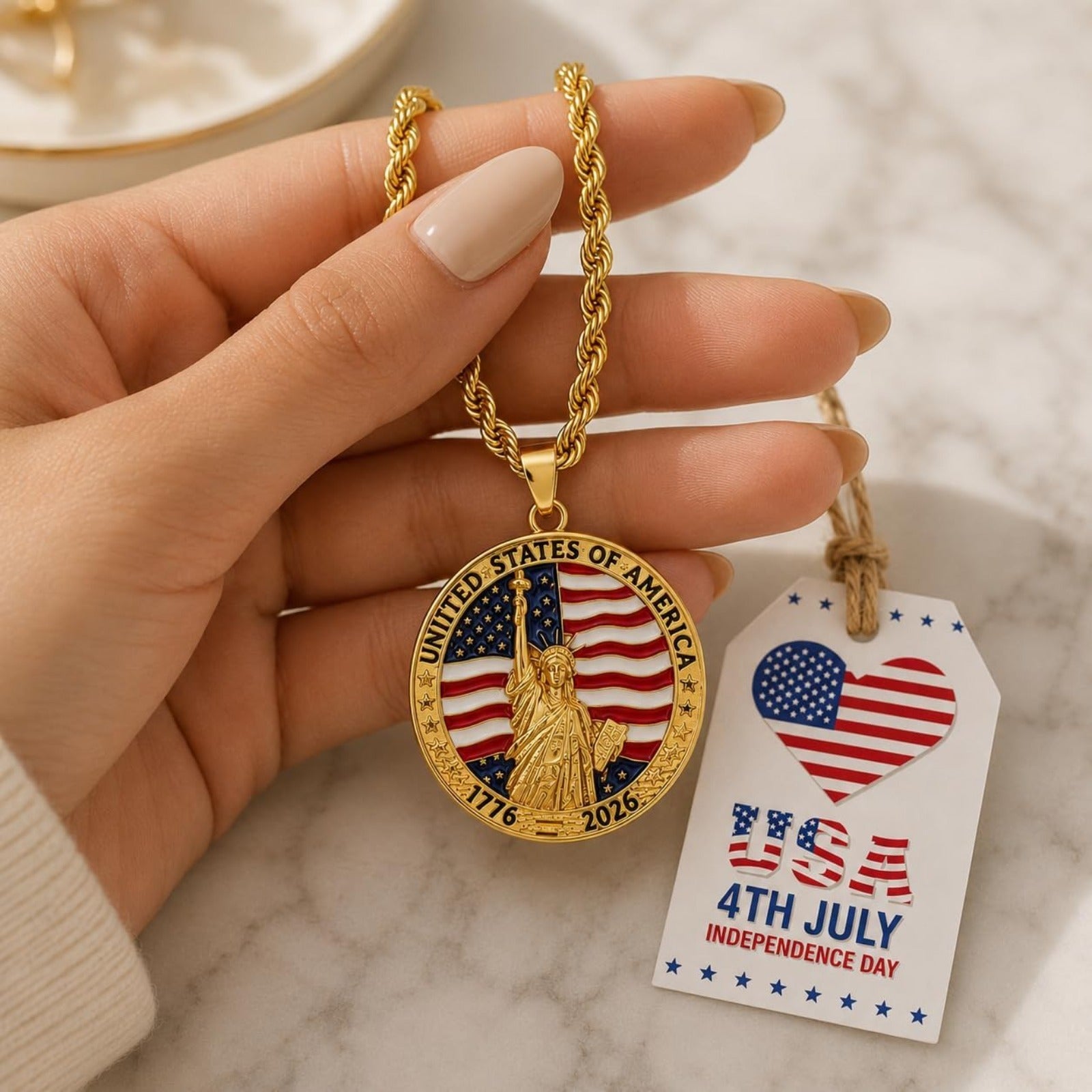 USA 250th Anniversary Necklace for Men Women, 1776 2026 Commemorative Pendant, 18K Golden Plated Brass Statue of Liberty American Flag Necklace with Stainless Steel Chain, Patriotic Jewelry Gift