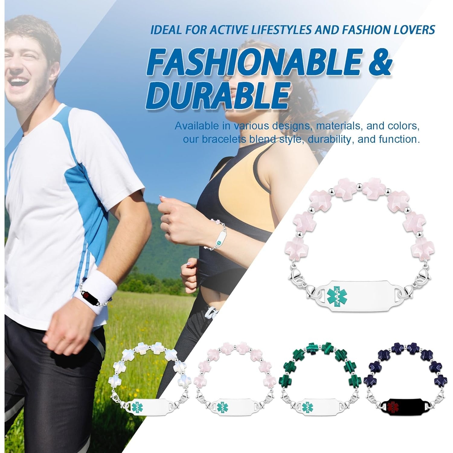 Rose Quartz QR Code Medical Alert Bracelet Scan to Edit Medical Info No Custom Info Required Greek Cross Beaded Emergency ID Bracelet for Women Stainless Steel