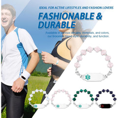 Rose Quartz QR Code Medical Alert Bracelet Scan to Edit Medical Info No Custom Info Required Greek Cross Beaded Emergency ID Bracelet for Women Stainless Steel