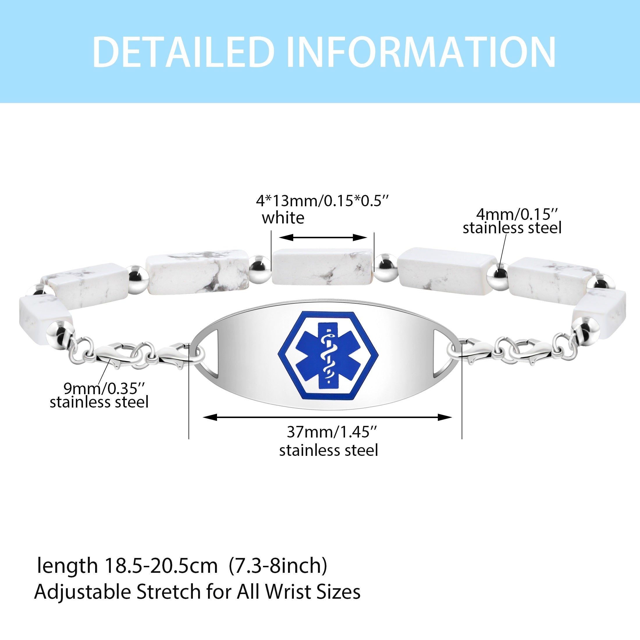 Customizable Free Engraved Health Information Medical Alert ID Bracelet with Rectangle White Turquoise for Women, Interchangable Emergency Bracelets with Birthstone YA5007