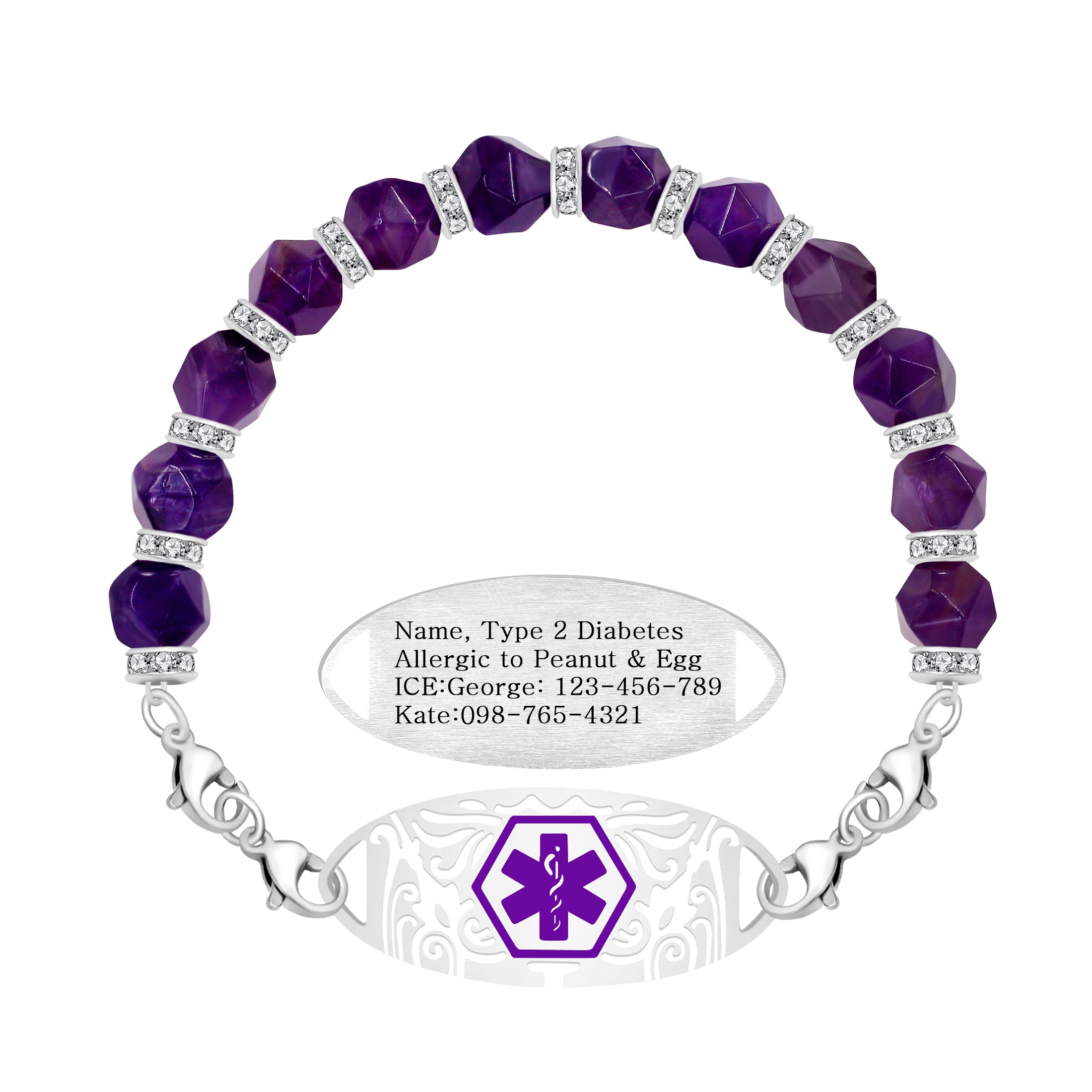 Dynamic QR Code Medical Alert Bracelet for Women, Faceted Purple Crystal Beads Medical ID Bracelet, Scan to Edit Health Info, Stainless Steel Interchangeable Medical Tag