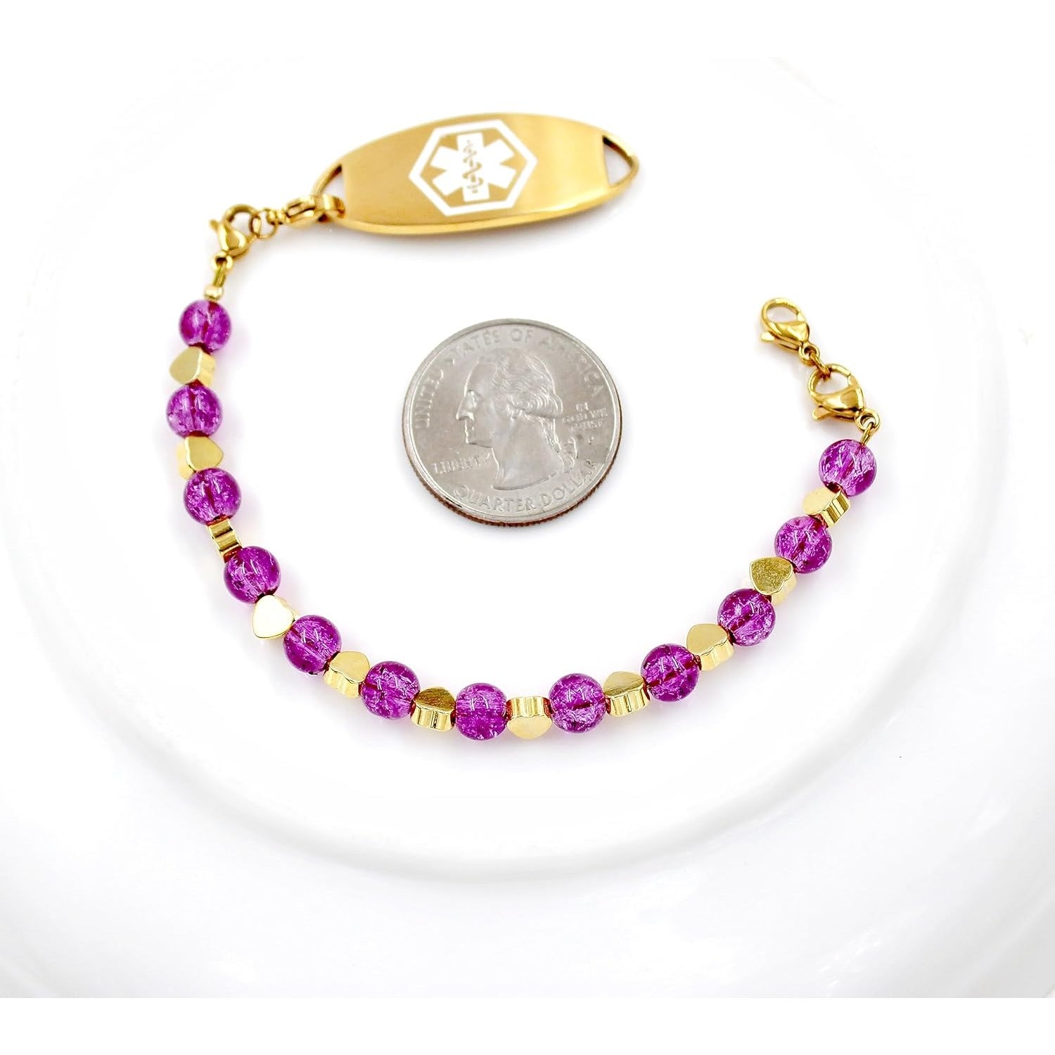 Stainless Steel Medical Alert Bracelet for Women 18K Gold Plated Tarnish Resistant | Laser Engraved or Dynamic QR Code ID Bracelet | Green Pink Purple Crack Bead Heart Adjustable Jewelry