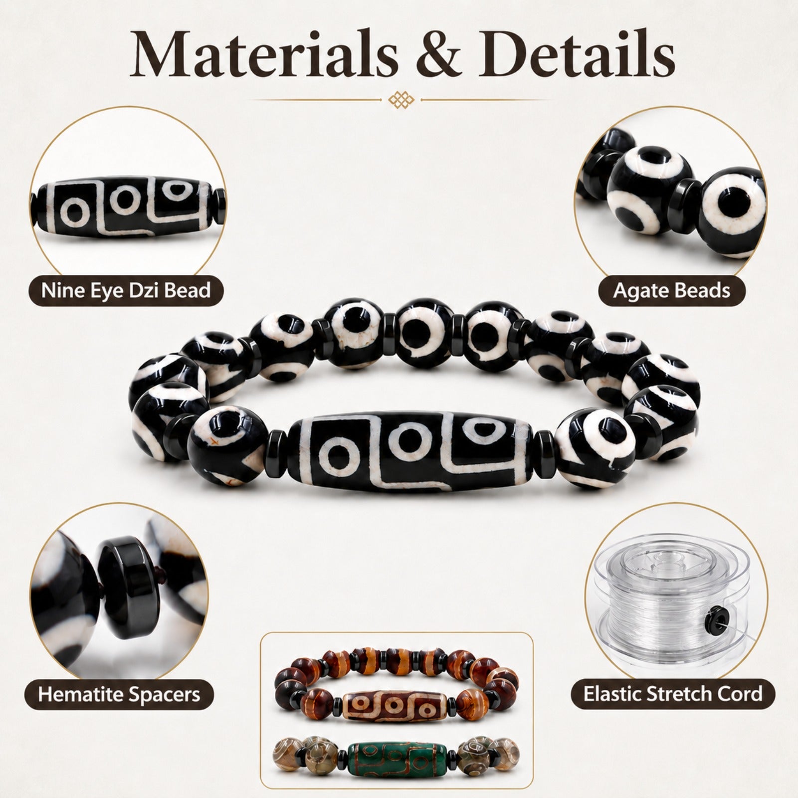 Dzi Bead Tibetan Bracelet for Men Women | Nine Eye Dzi Agate Beaded Bracelet with Hematite Spacers | Feng Shui Buddhist Meditation Amulet Adjustable Style Jewelry Brown Green Black YA5102