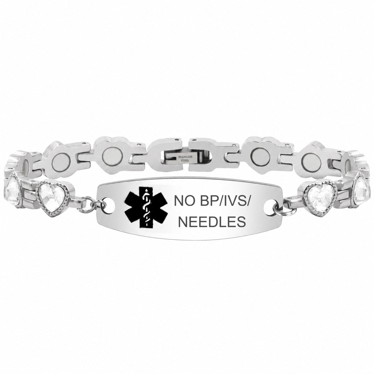 Women’s Medical ID Bracelet with Heart Shaped Zircon Link Chain, Adjustable Stainless Steel Emergency Alert Bracelet, Personalized Engraved Health Info Jewelry for Daily Wear