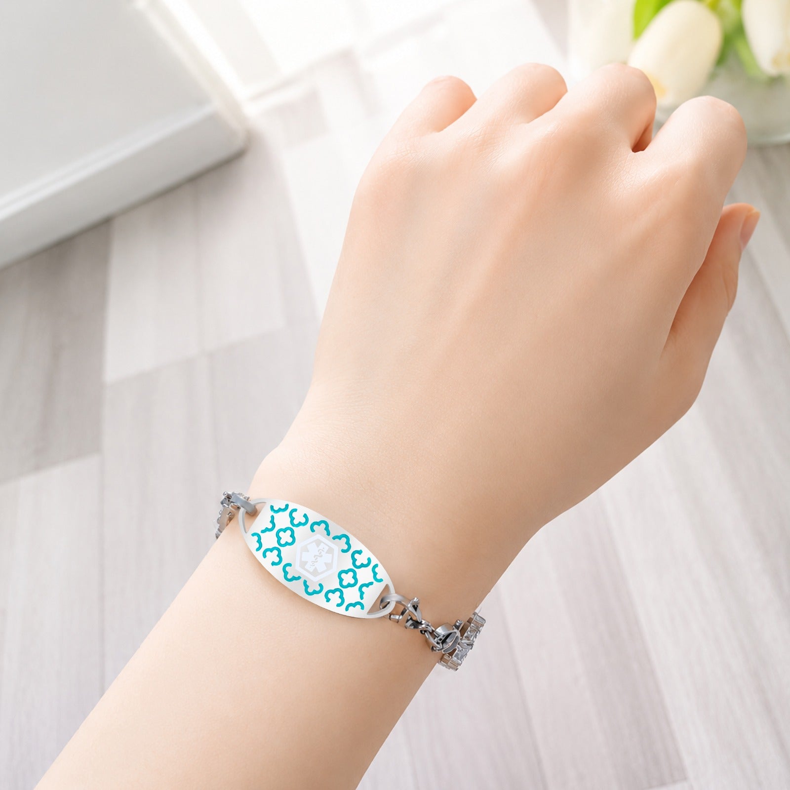Medical Alert Tennis Bracelet for Women, Stainless Steel Emergency ID Bracelet, Adjustable Rhinestone Chain ID Jewelry for Allergies Diabetes Safety