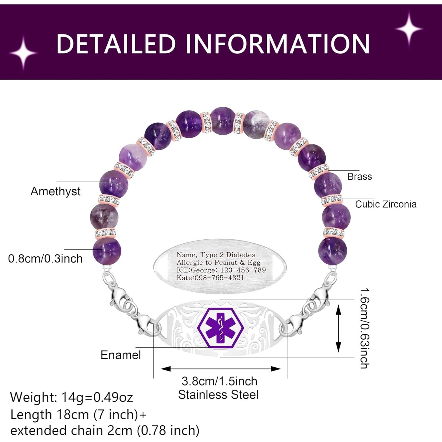QR Code Medical Alert Bracelet for Women, Amethyst Bead Medical ID Bracelet, Stainless Steel Medical Tag, Scan to Edit Emergency Information