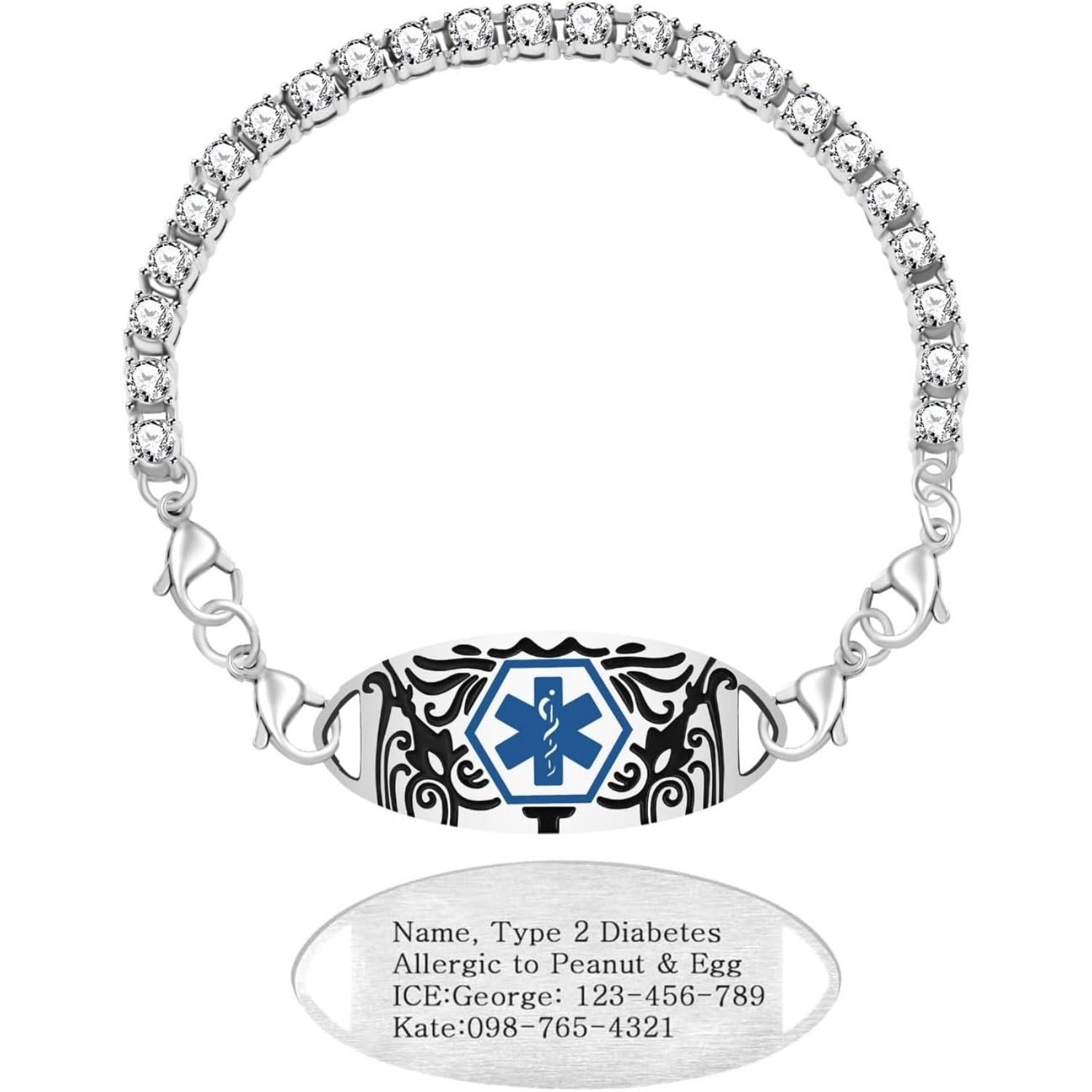 Uloveido Rhinestone Tennis Medical ID Bracelet for Women | Dynamic QR Code Safety Bracelet, Stainless Steel Adjustable Chain, Emergency Contact Allergy Info ID Jewelry, Scan to Update Anytime