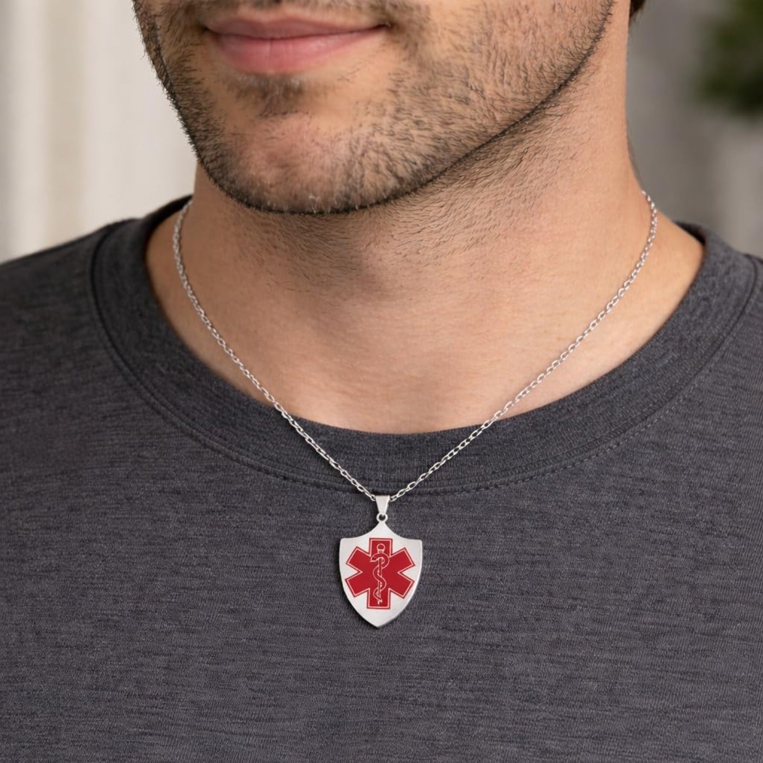 Uloveido Dynamic QR Code Medical Alert Necklace Shield Pendant, Stainless Steel Medical ID Jewelry for Men & Women, No Engraving Required, Scan to Update Emergency Medical Information, Red/Blue