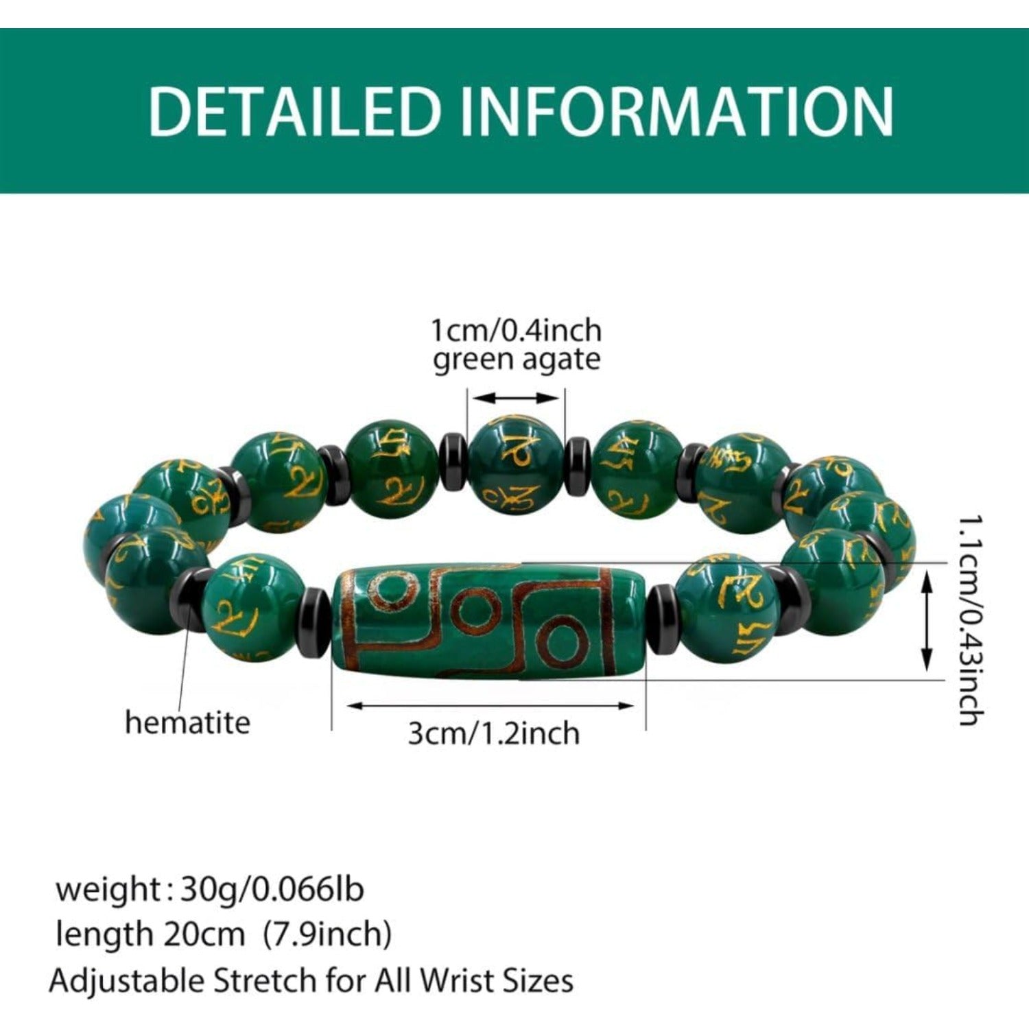 Nine Eyes Dzi Bead Bracelet with Tibetan Mantra Beads, Elastic Buddhist Beaded Bracelet for Men & Women, Green Red Brown Stone Stretch Bracelet for Meditation and Daily Wear