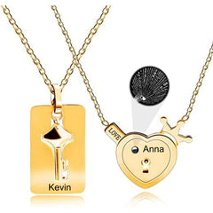Personalized Stainless Steel Heart Lock & Key Necklace Set for Couples | 100 Languages I Love You Projection Jewelry | Custom Name Engraved Matching Pendant for Wedding Anniversary Gift