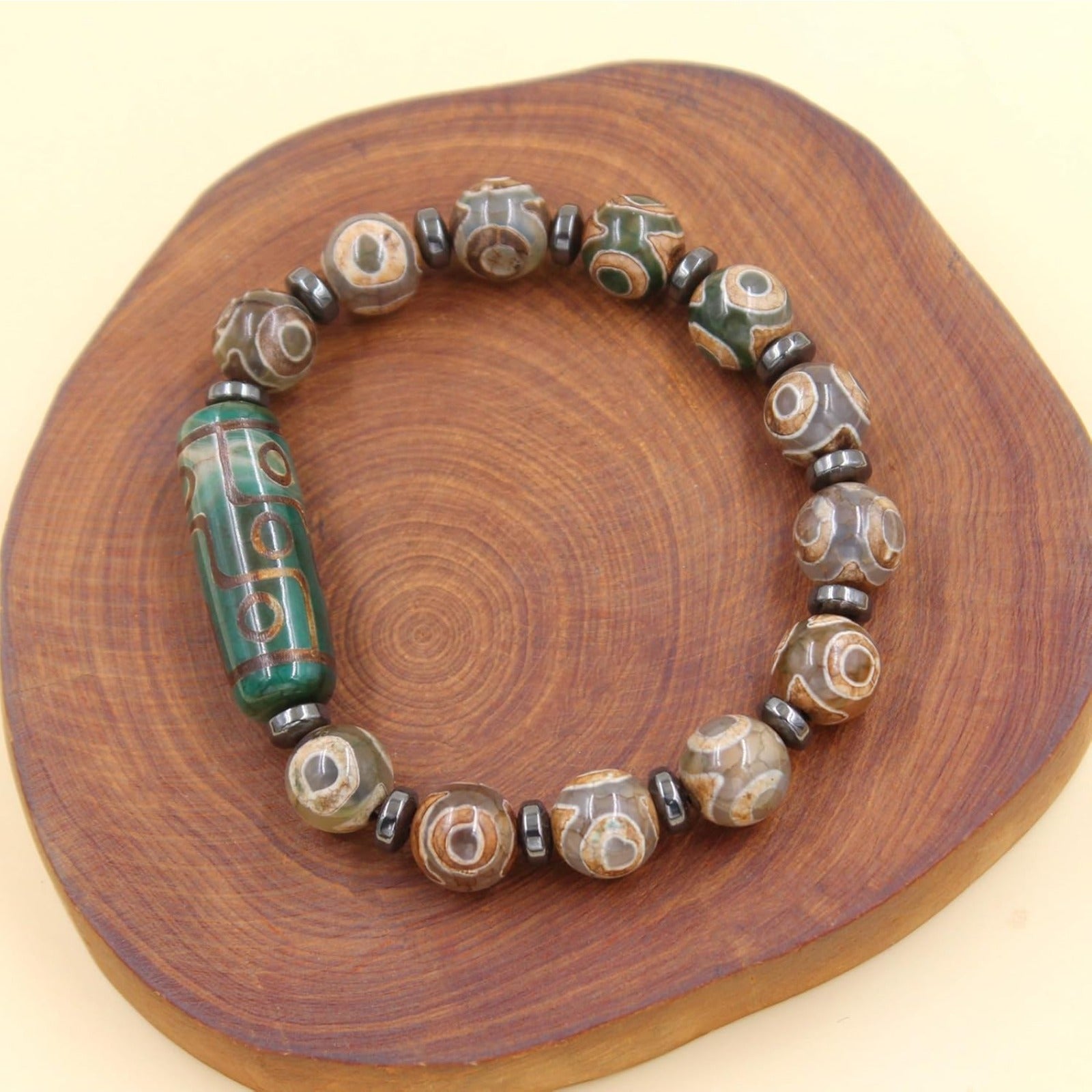 Dzi Bead Tibetan Bracelet for Men Women | Nine Eye Dzi Agate Beaded Bracelet with Hematite Spacers | Feng Shui Buddhist Meditation Amulet Adjustable Style Jewelry Brown Green Black YA5102