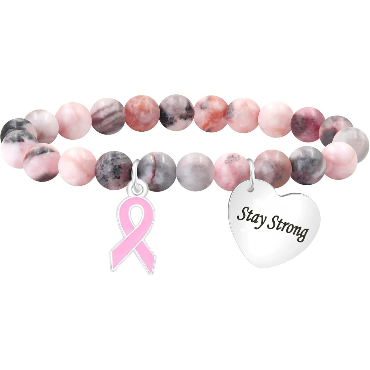 Pink Zebra Jasper Breast Cancer Awareness Bracelet – Never Give Up Heart Charm & Pink Ribbon, Stretch Beaded Natural Stone Bracelet for Women, Inspirational Cancer Support Jewelry Gift
