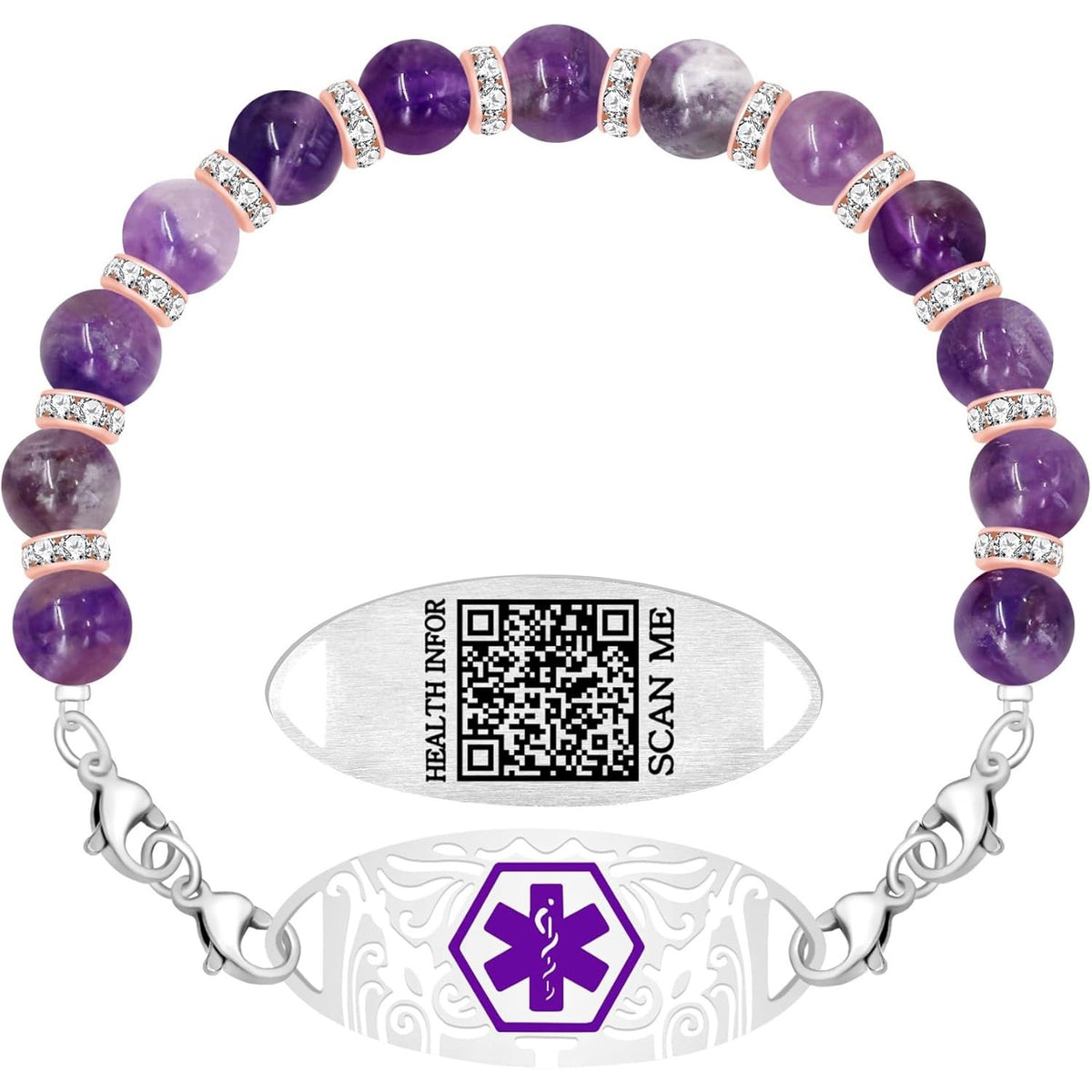 QR Code Medical Alert Bracelet for Women, Amethyst Bead Medical ID Bracelet, Stainless Steel Medical Tag, Scan to Edit Emergency Information
